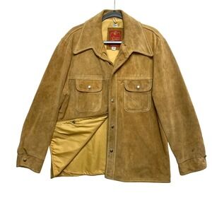 Vintage Mens Genuine Leather Suede‎ Trucker Jacket Size 44 Brown Western Snap